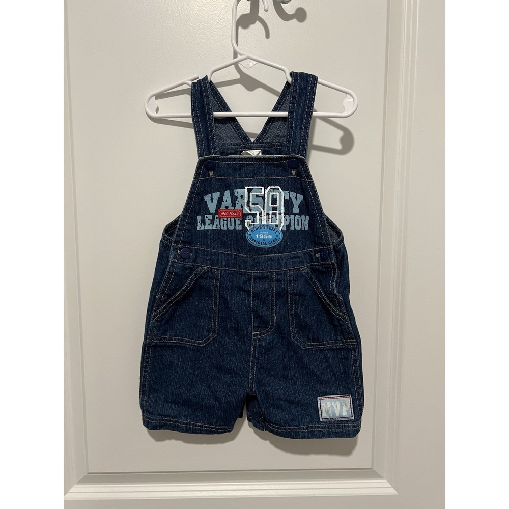 Vintage 90's Baby Fisher Price MVP Denim Jean Short Overalls Size 24 Months